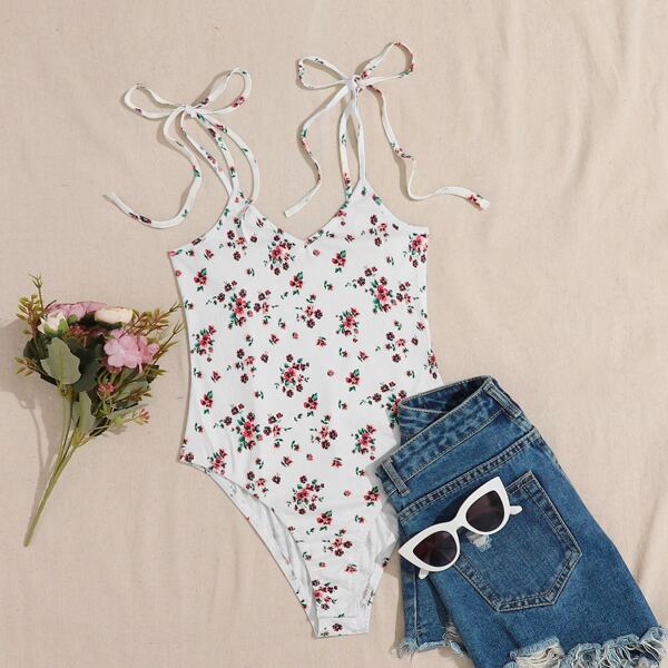 

Knot Strap Ditsy Floral Slip Bodysuit, White