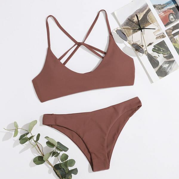 

Plain Tie Back Bikini Swimsuit, Rust brown