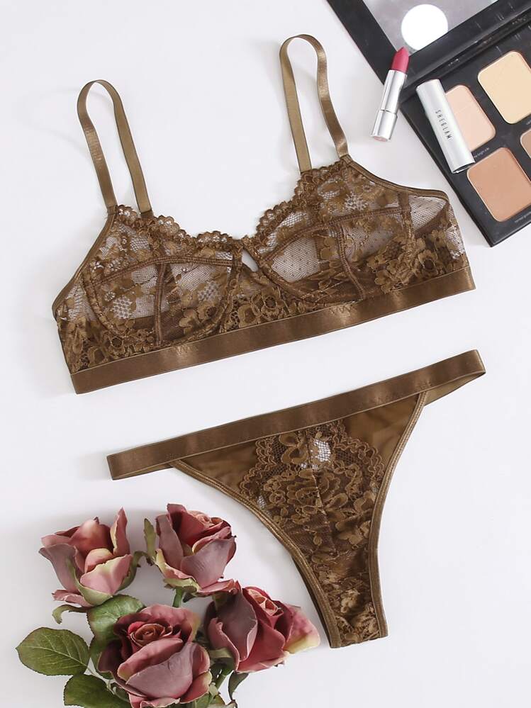 Lace Bustier Bra & Thong - Coffee Brown - View 1