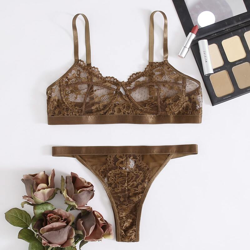 

Lace Bustier Bra & Thong, Coffee brown
