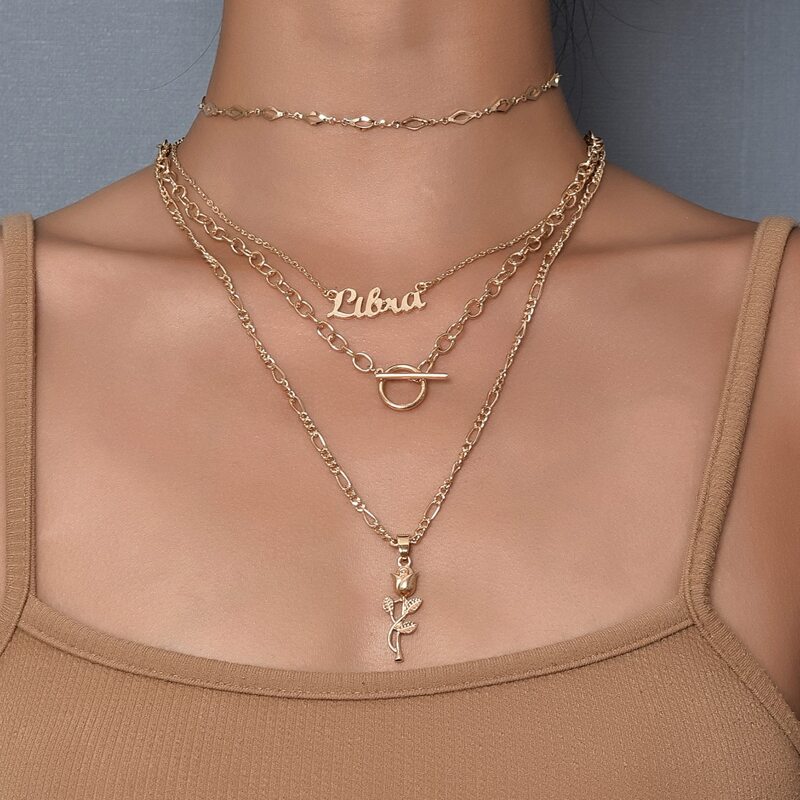 

2pcs Letter Rose Multilayer Necklace, Gold
