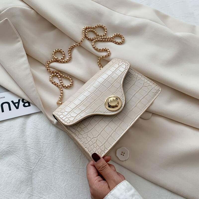 

Croc Embossed Chain Crossbody Bag, Beige pastel