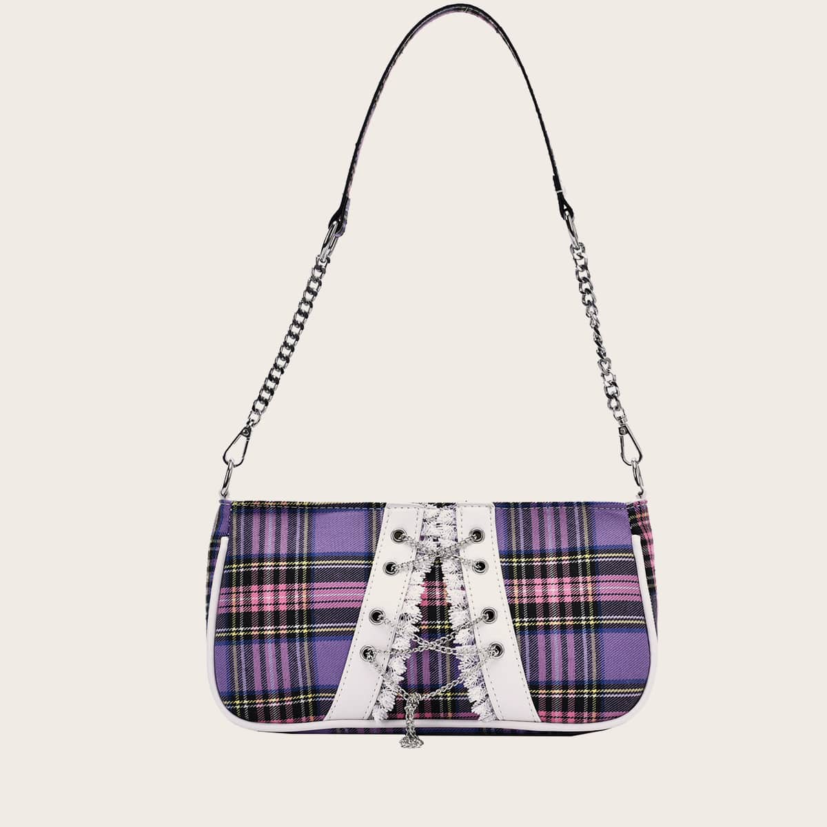 

Chain Decor Plaid Baguette Bag, Purple