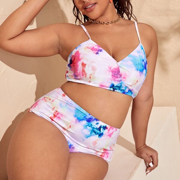 

Plus Tie Dye High Waisted Bikini Swimsuit, Multicolor