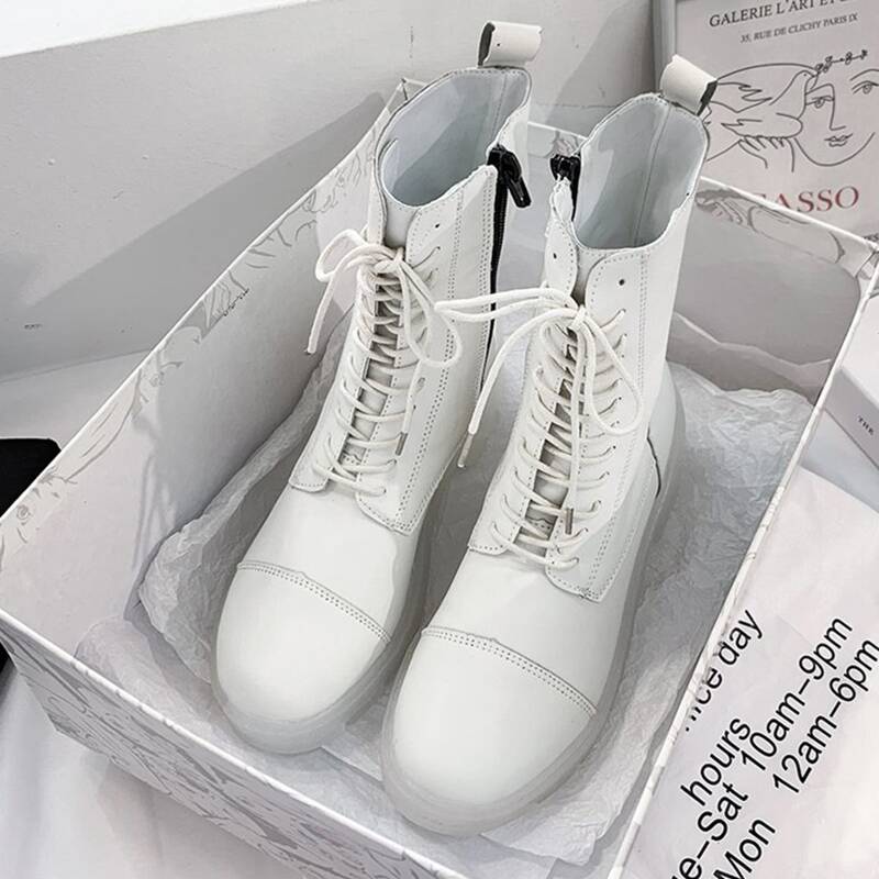 Lace-up Chunky Heeled Combat Boots, White