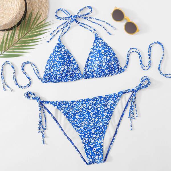 

Plus Ditsy Floral Triangle Halter Bikini Swimsuit, Blue