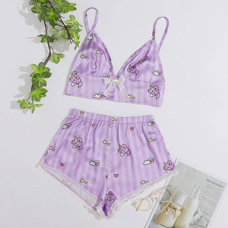 

Unicorn Print Satin Cami PJ Set, Purple
