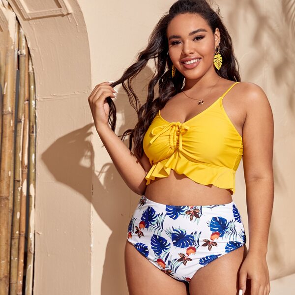 

Plus Tropical Ruffle High Waisted Bikini Swimsuit, Multicolor