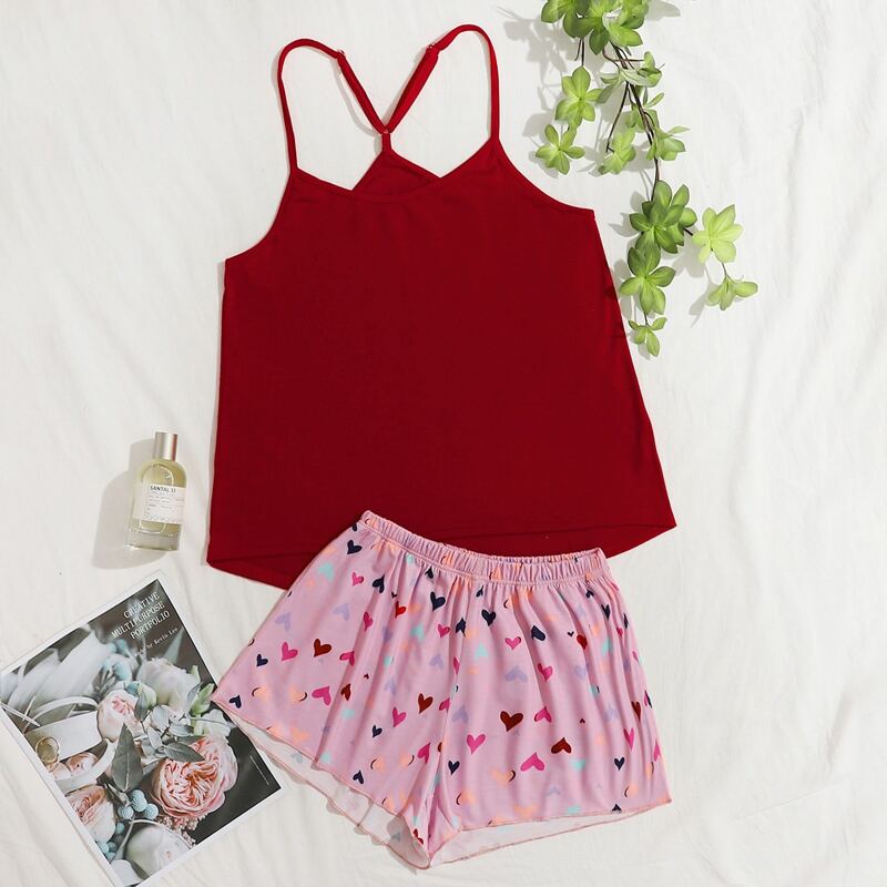 

Heart Print Shorts PJ Set, Multicolor