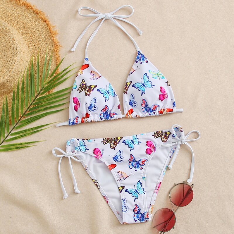 

Butterfly Print Tie Side Bikini Swimsuit, Multicolor