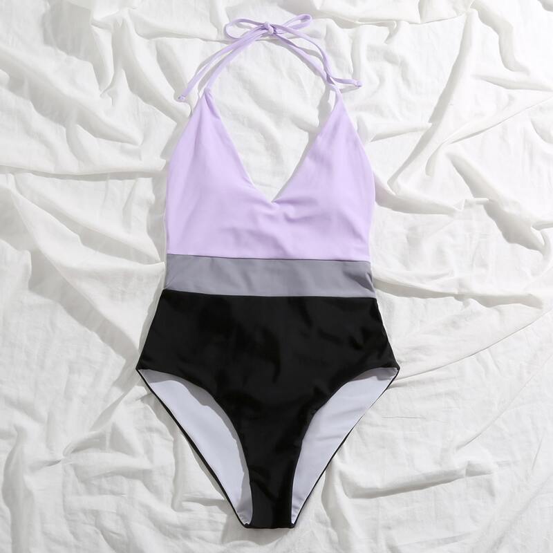 

Color Block Halter One Piece Swimsuit, Multicolor