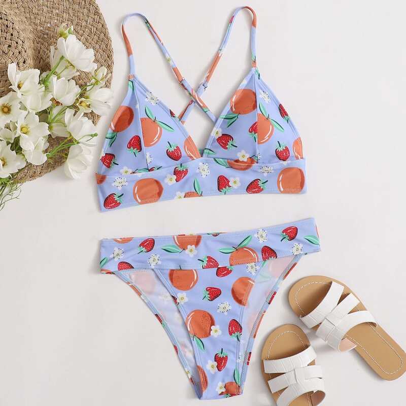 

Fruit Print Criss Cross Bikini Swimsuit, Multicolor