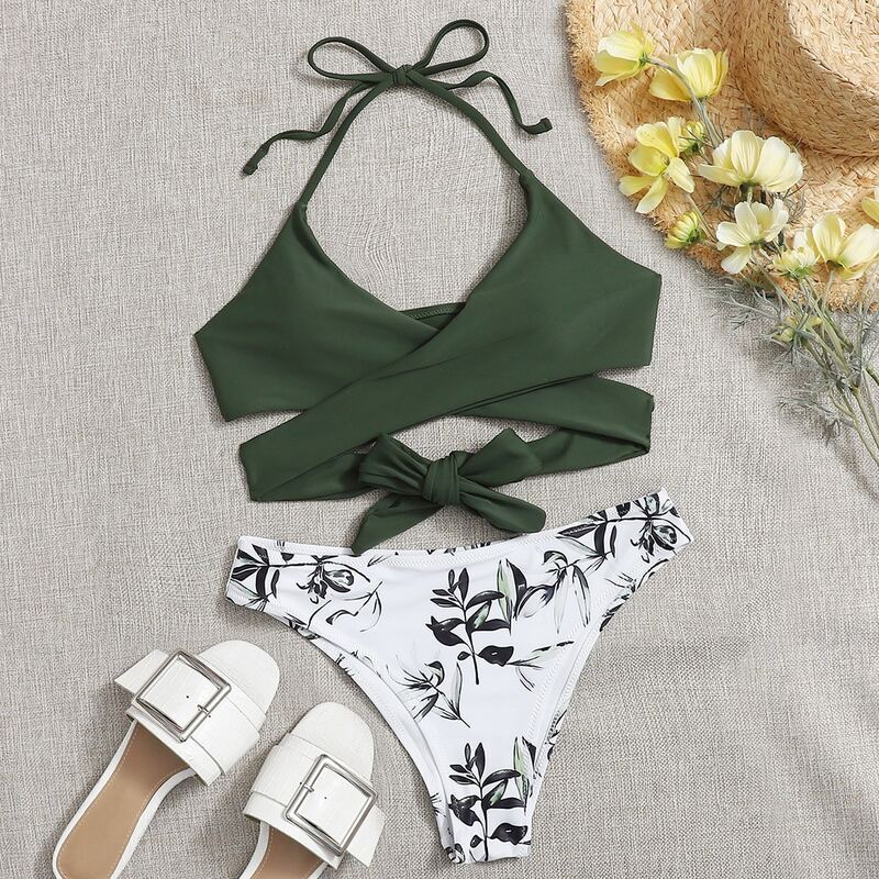 

Criss Cross Leaf Print Bikini Swimsuit, Multicolor