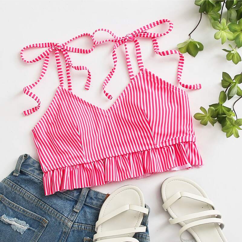 

Striped Ruffle Hem Bikini Top, Hot pink