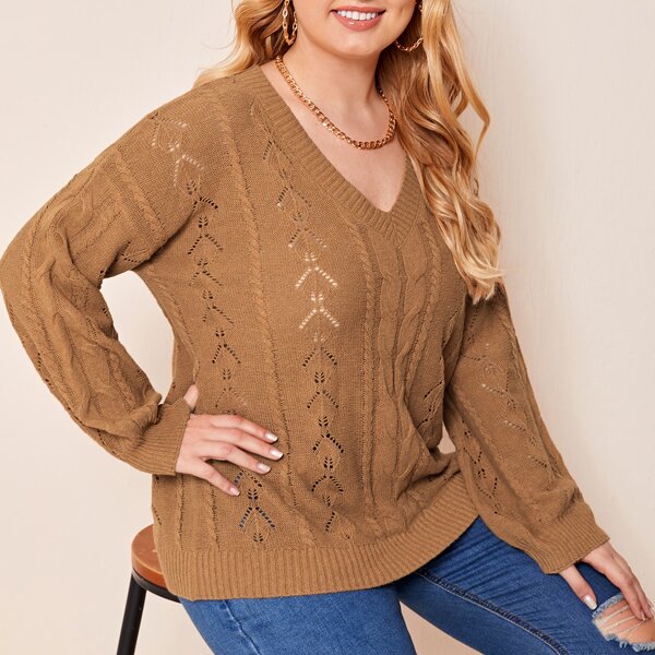 

Plus Solid Pointelle Knit Drop Shoulder Sweater, Camel