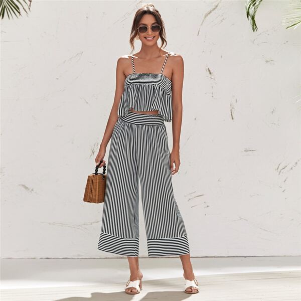 

Ruffle Hem Shirred Cami Top & Pants Set, Black and white