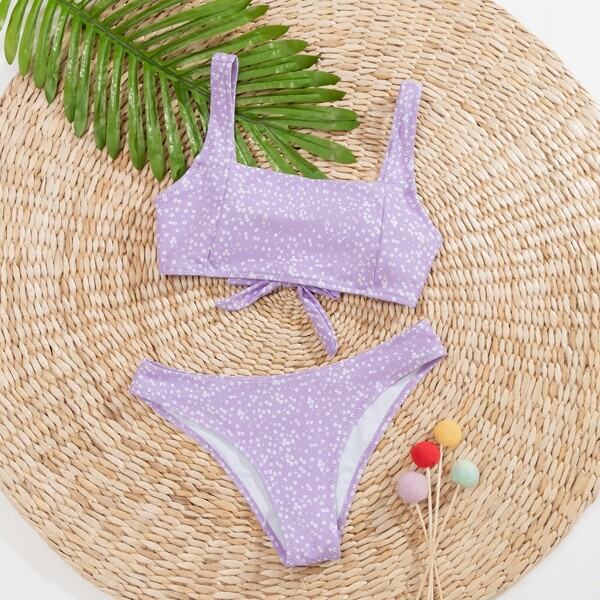 

Ditsy Floral Square Neck Bikini Swimsuit, Pastel lilac purple