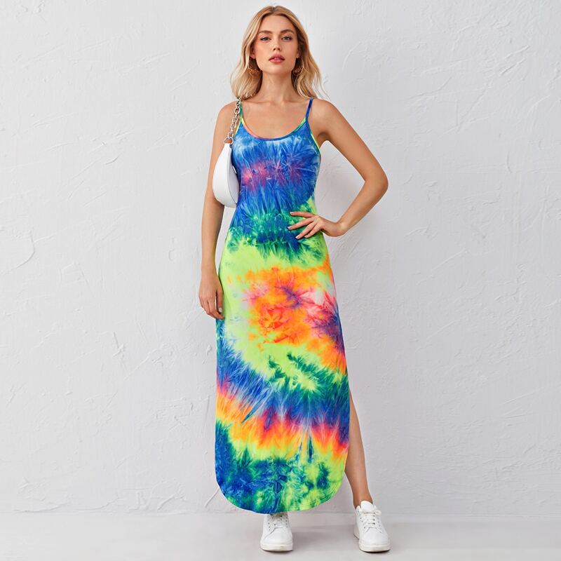 

Tie Dye Split Curved Hem Slip Dress, Multicolor
