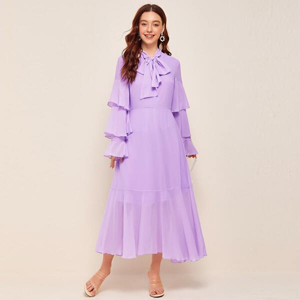 

Tie Neck Layered Sleeve Dress, Lilac purple