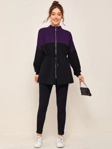 SHEIN Conjunto sudadera de color combinado de cintura con cordón con cinta de rayas con leggings - Negro - Ver 1