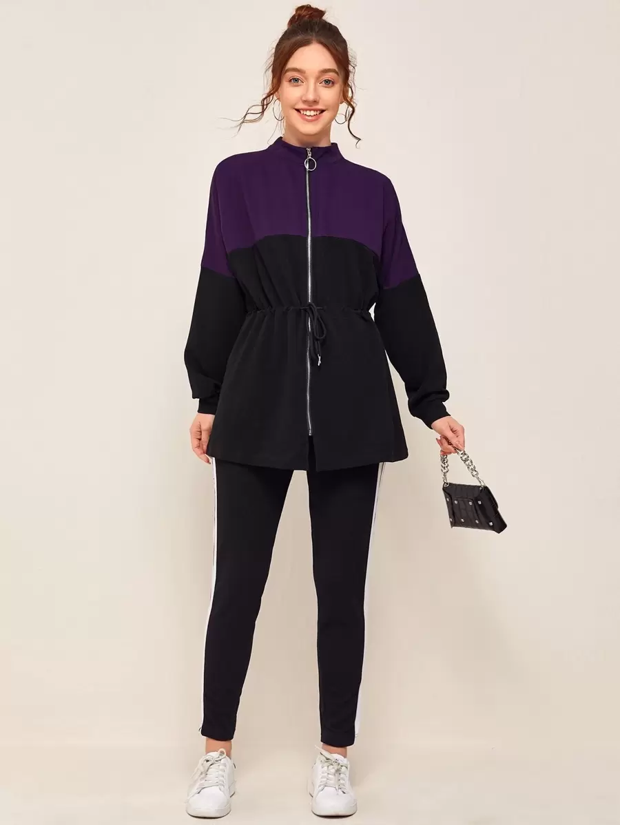 SHEIN Conjunto sudadera de color combinado de cintura con cordón con cinta de rayas con leggings - Negro - Ver 1