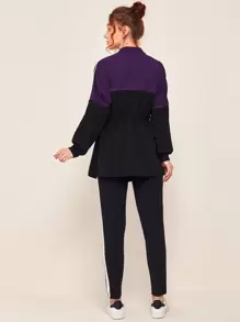 SHEIN Conjunto sudadera de color combinado de cintura con cordón con cinta de rayas con leggings - Negro - Ver 2