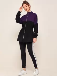 SHEIN Conjunto sudadera de color combinado de cintura con cordón con cinta de rayas con leggings - Negro - Ver 3