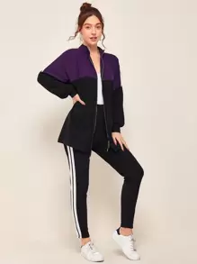 SHEIN Conjunto sudadera de color combinado de cintura con cordón con cinta de rayas con leggings - Negro - Ver 4