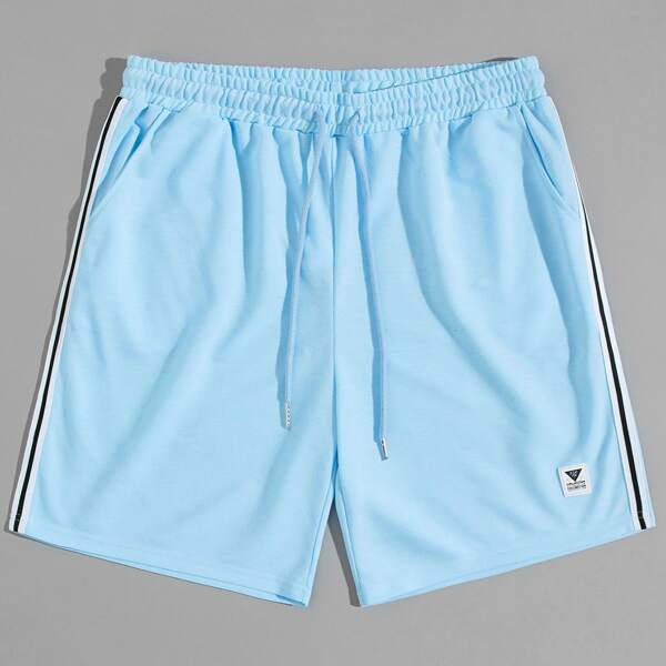 

Men Striped Tape Side Patched Drawstring Shorts, Baby blue