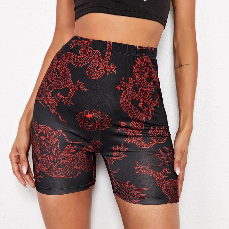 

Dragon Print High Waist Biker Shorts, Black