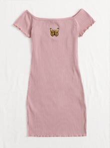 Muchica 生菜邊刺繡蝴蝶羅紋針織連衣裙 - 藕粉色 - 查看 3