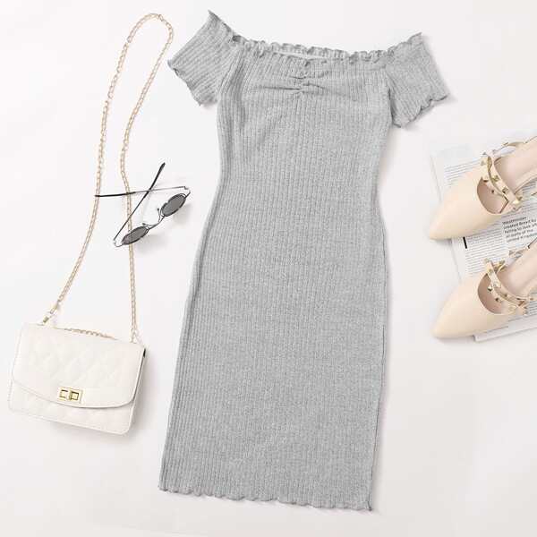 

Off Shoulder Lettuce Trim Ruched Front Rib-knit Dress, Grey
