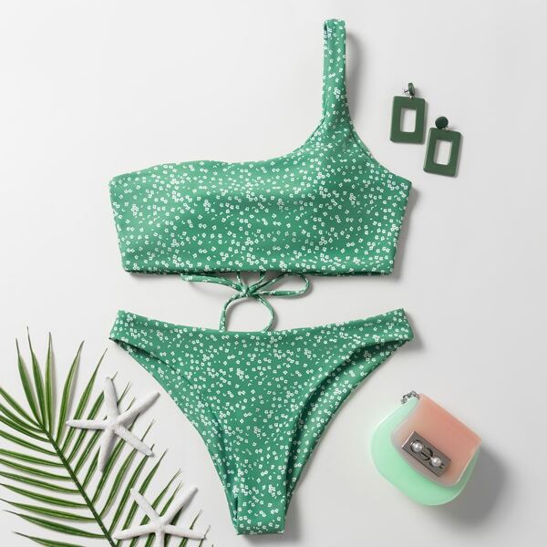 

Ditsy Floral One Shoulder Bikini Swimsuit, Green