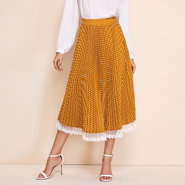 

Embroidered Mesh Trim Polka Dot Pleated Skirt, Mustard yellow