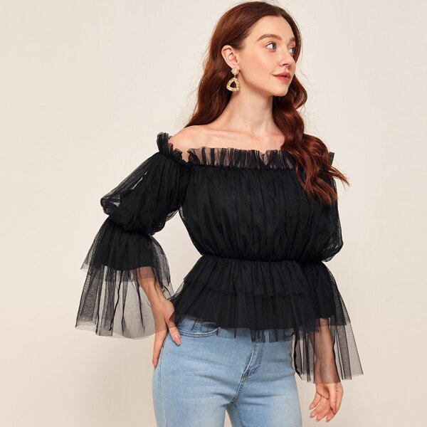 

Off Shoulder Ruffle Trim Mesh Peplum Top, Black