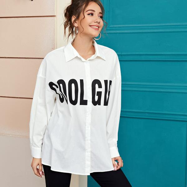 

Letter Graphic Drop Shoulder Oversized Blouse, White