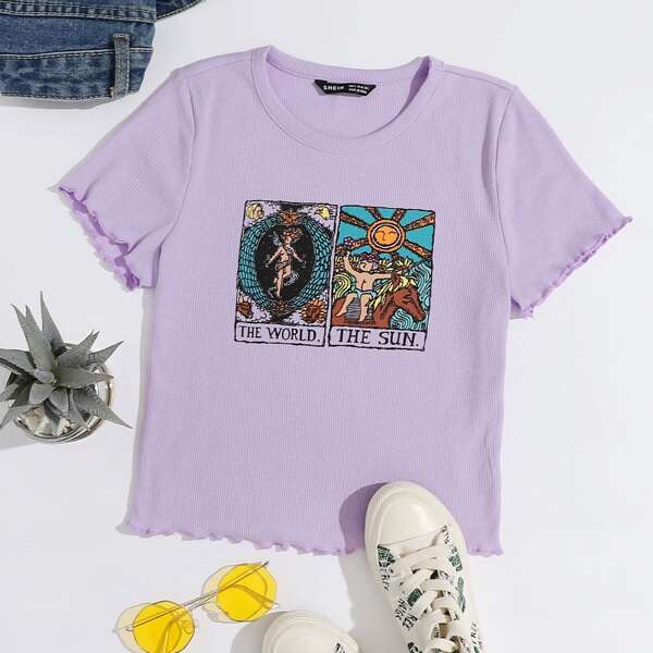 

Lettuce Trim Letter and Graphic Print Rib-knit Top, Pastel lilac purple