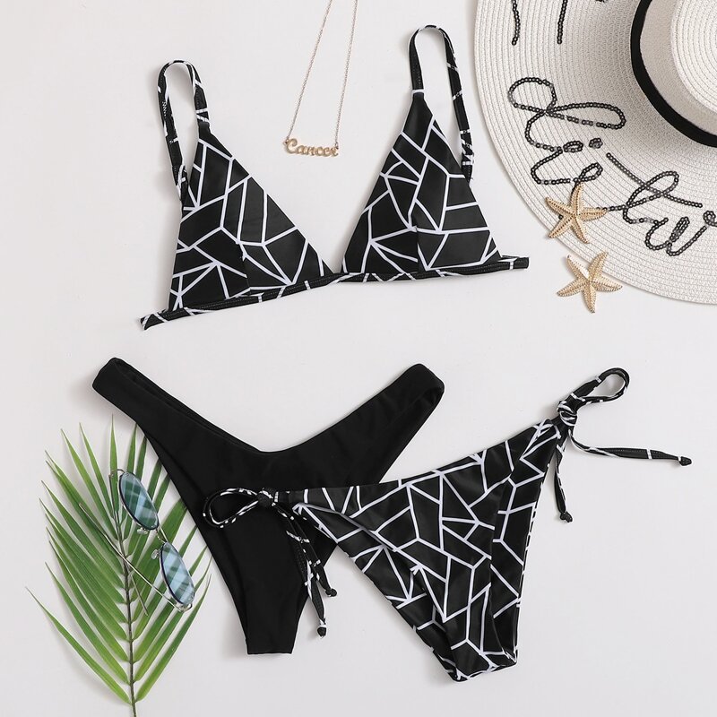 

3pack Geo Print Triangle Tie Side Bikini Swimsuit, Black