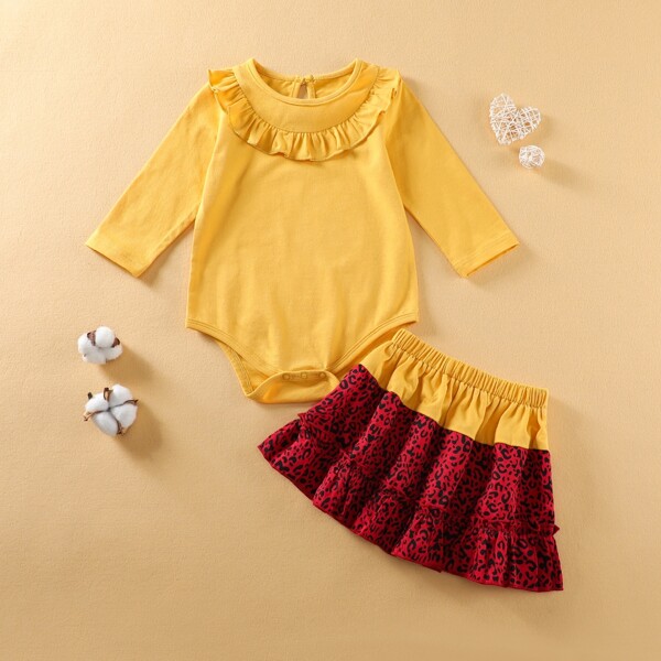 

Baby Girl Ruffle Trim Tee Bodysuit & Leopard Skirt, Multicolor