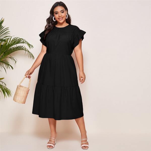 

Plus Ruched Flounce Hem A-line Dress, Black