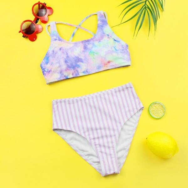 

Girls Tie Dye & Striped High Waisted Bikini Swimsuit, Multicolor
