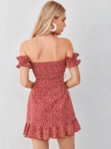 Soleia 繫帶鏤空細節後打褶露肩連衣裙 - 紅木色 - 查看 3