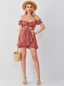 Soleia 繫帶鏤空細節後打褶露肩連衣裙 - 紅木色 - 查看 4