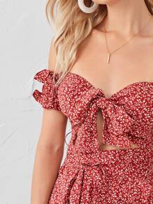 Soleia 繫帶鏤空細節後打褶露肩連衣裙 - 紅木色 - 查看 6