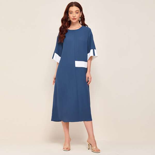 

Drop Shoulder Contrast Panel Cuff Dress, Blue