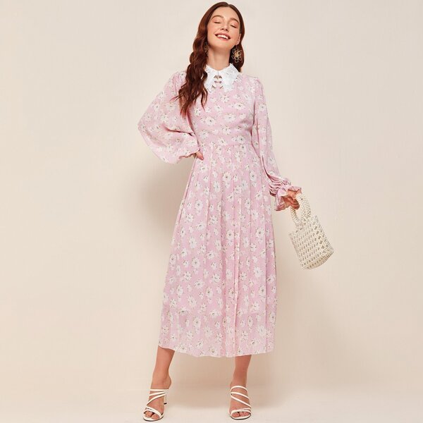 

Guipure Lace Collar Ruffle Cuff Pleated Floral Dress, Baby pink