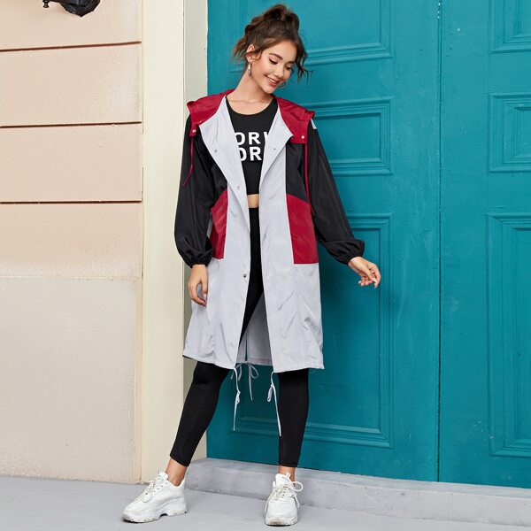 

Drawstring Detail Lantern Sleeve Colorblock Wind Hooded Jacket, Multicolor
