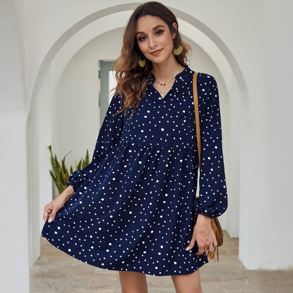 

Allover Print Notch Neck Smock Dress, Navy blue