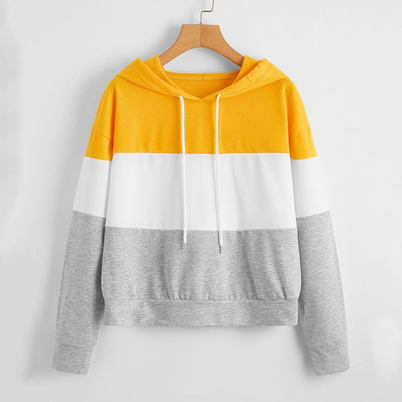 

Color-block Drop Shoulder Drawstring Hoodie, Multicolor
