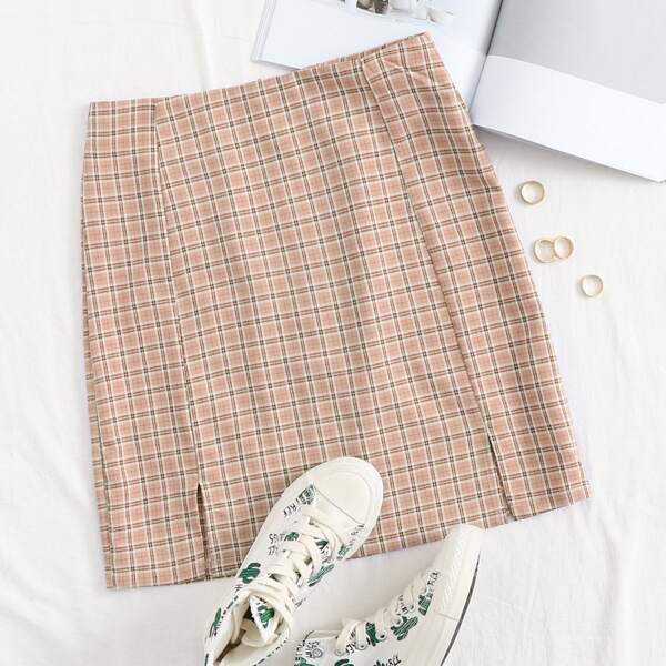 

Zip Back Split Hem Plaid Skirt, Coral pink